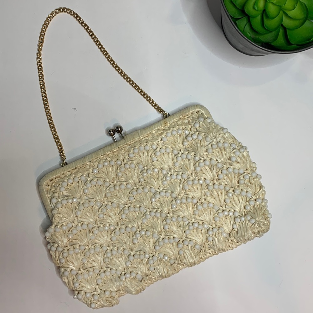 Jordan Marsh Florida Vintage Straw Beaded Clutch Purse Handbag